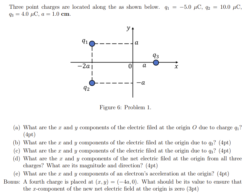 Three point charges are located along the as shown below. q1 = −5.0 μC, q2 = 10.0 μC, q3 = 4.0 μC, a = 1.0 cm. Figure 6: Problem 1. (a) What are the x and y components of the electric filed at the origin O due to charge q1? (4 pt) (b) What are the x and y components of the electric filed at the origin due to q2? (4 pt) (c) What are the x and y components of the electric filed at the origin due to q3? (4 pt) (d) What are the x and y components of the net electric filed at the origin from all three charges? What are its magnitude and direction? (4 pt) (e) What are the x and y components of an electron's acceleration at the origin? (4 pt) Bonus: A fourth charge is placed at (x, y) = (−4a, 0). What should be its value to ensure that the x-component of the new net electric field at the origin is zero (3 pt)