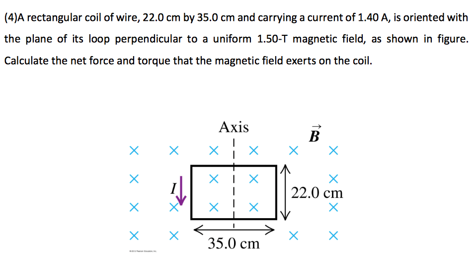 A rectangular coil of wire, 22.0 cm by 35.0 cm and carrying a current of 1.40 A, is oriented with the plane of its loop perpendicular to a uniform 1.50-T magnetic field, as shown in figure. Calculate the net force and torque that the magnetic field exerts on the coil.