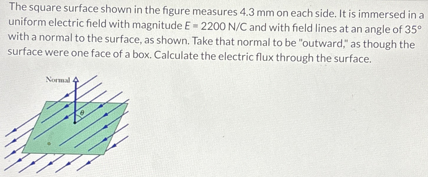 The square surface shown in the figure measures 4.3 mm on each side. It is immersed in a uniform electric field with magnitude E = 2200 N/C and with field lines at an angle of 35∘ with a normal to the surface, as shown. Take that normal to be "outward," as though the surface were one face of a box. Calculate the electric flux through the surface.