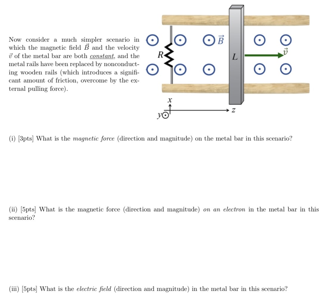 Now consider a much simpler scenario in which the magnetic field B→ and the velocity v→ of the metal bar are both constant, and the metal rails have been replaced by nonconducting wooden rails (which introduces a significant amount of friction, overcome by the external pulling force). (i) [3 pts] What is the magnetic force (direction and magnitude) on the metal bar in this scenario? (ii) [5 pts] What is the magnetic force (direction and magnitude) on an electron in the metal bar in this scenario? (iii) [5 pts] What is the electric field (direction and magnitude) in the metal bar in this scenario?