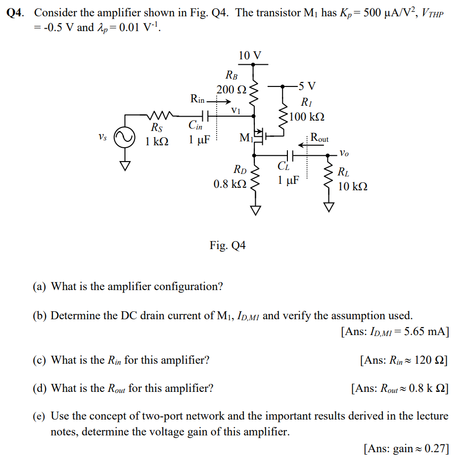 Q4. Consider the amplifier shown in Fig. Q4. The transistor M1 has Kp = 500 μA/V2, VTHP = −0.5 V and λp = 0.01 V−1. Fig. Q4 (a) What is the amplifier configuration? (b) Determine the DC drain current of M1, ID, M1 and verify the assumption used. [Ans: ID,M1 = 5.65 mA ] (c) What is the Rin for this amplifier? [Ans: Rin ≈ 120 Ω ] (d) What is the Rout for this amplifier? [ Ans: Rout ≈ 0.8 kΩ] (e) Use the concept of two-port network and the important results derived in the lecture notes, determine the voltage gain of this amplifier. [Ans: gain ≈ 0.27 ] 