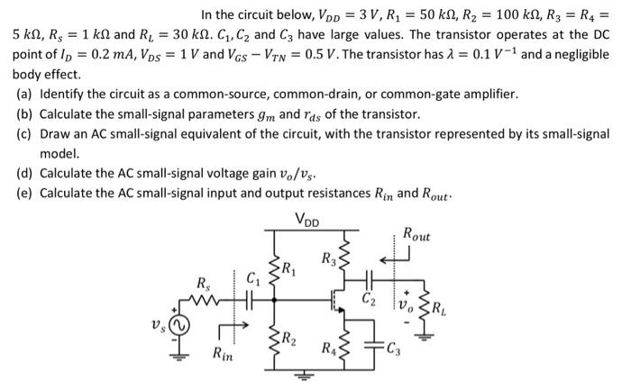 In the circuit below, VDD = 3 V, R1 = 50 kΩ, R2 = 100 kΩ, R3 = R4 = 5 kΩ, Rs = 1 kΩ and RL = 30 kΩ, C1, C2 and C3 have large values. The transistor operates at the DC point of ID = 0.2 mA, VDS = 1 V and VGS − VTN = 0.5 V. The transistor has λ = 0.1 V−1 and a negligible body effect. (a) Identify the circuit as a common-source, common-drain, or common-gate amplifier. (b) Calculate the small-signal parameters gm and rds of the transistor. (c) Draw an AC small-signal equivalent of the circuit, with the transistor represented by its small-signal model. (d) Calculate the AC small-signal voltage gain vo/vs. (e) Calculate the AC small-signal input and output resistances Rin and Rout.