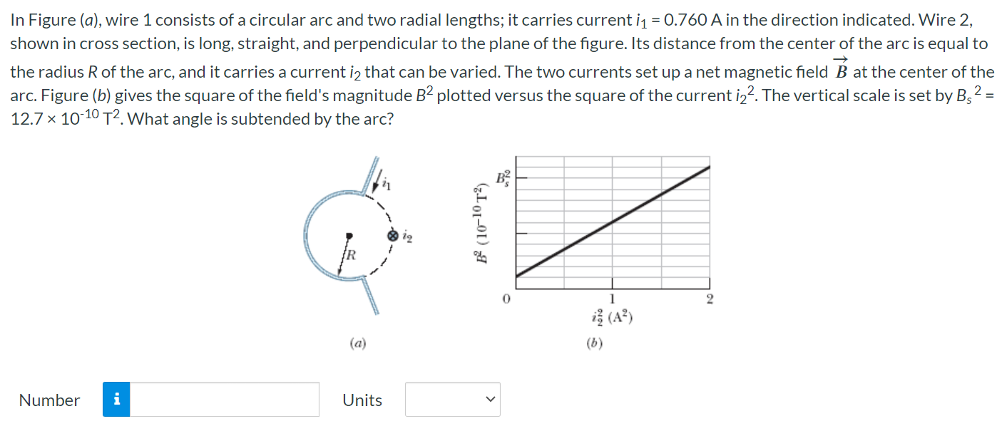 In Figure (a), wire 1 consists of a circular arc and two radial lengths; it carries current i1 = 0.760 A in the direction indicated. Wire 2 , shown in cross section, is long, straight, and perpendicular to the plane of the figure. Its distance from the center of the arc is equal to the radius R of the arc, and it carries a current i2 that can be varied. The two currents set up a net magnetic field B→ at the center of the arc. Figure (b) gives the square of the field's magnitude B2 plotted versus the square of the current i22. The vertical scale is set by Bs2 = 12.7×10−10 T2. What angle is subtended by the arc? (a) (b) Number Units