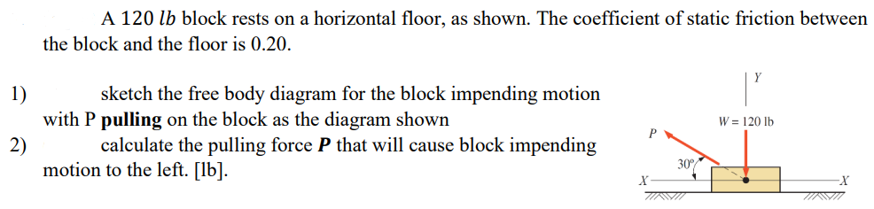 A 120 lb block rests on a horizontal floor, as shown. The coefficient of static friction between the block and the floor is 0.20. sketch the free body diagram for the block impending motion with P pulling on the block as the diagram shown calculate the pulling force P that will cause block impending motion to the left. [lb].