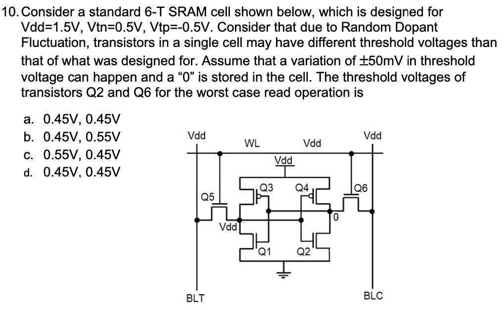 Consider a standard 6-T SRAM cell shown below, which is designed for Vdd = 1.5 V, Vtn = 0.5 V, Vtp = −0.5 V. Consider that due to Random Dopant Fluctuation, transistors in a single cell may have different threshold voltages than that of what was designed for. Assume that a variation of ±50 mV in threshold voltage can happen and a "0" is stored in the cell. The threshold voltages of transistors Q2 and Q6 for the worst case read operation is a. 0.45 V, 0.45 V b. 0.45 V, 0.55 V c. 0.55 V, 0.45 V d. 0.45 V, 0.45 V