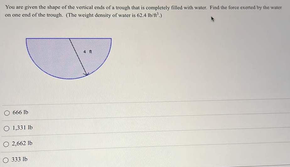 You are given the shape of the vertical ends of a trough that is completely filled with water. Find the force exerted by the water on one end of the trough. (The weight density of water is 62.4 lb/ft3. ) 666 lb 1,331 lb 2,662 lb 333 lb 