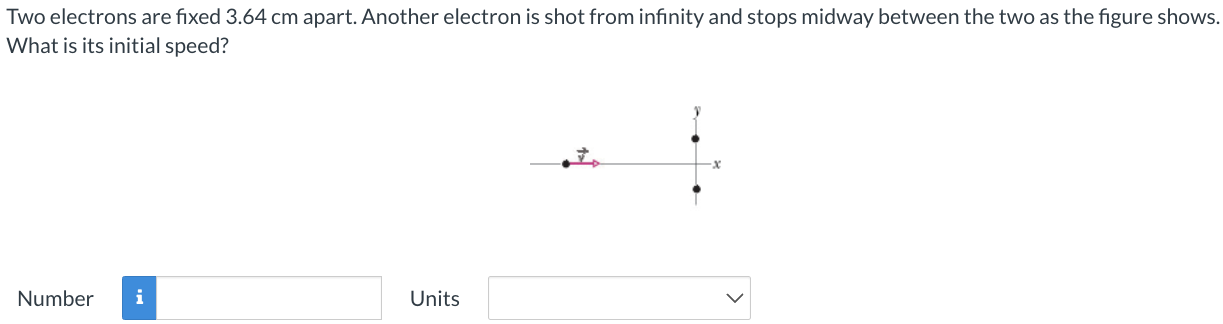 Two electrons are fixed 3.64 cm apart. Another electron is shot from infinity and stops midway between the two as the figure shows. What is its initial speed? Number Units