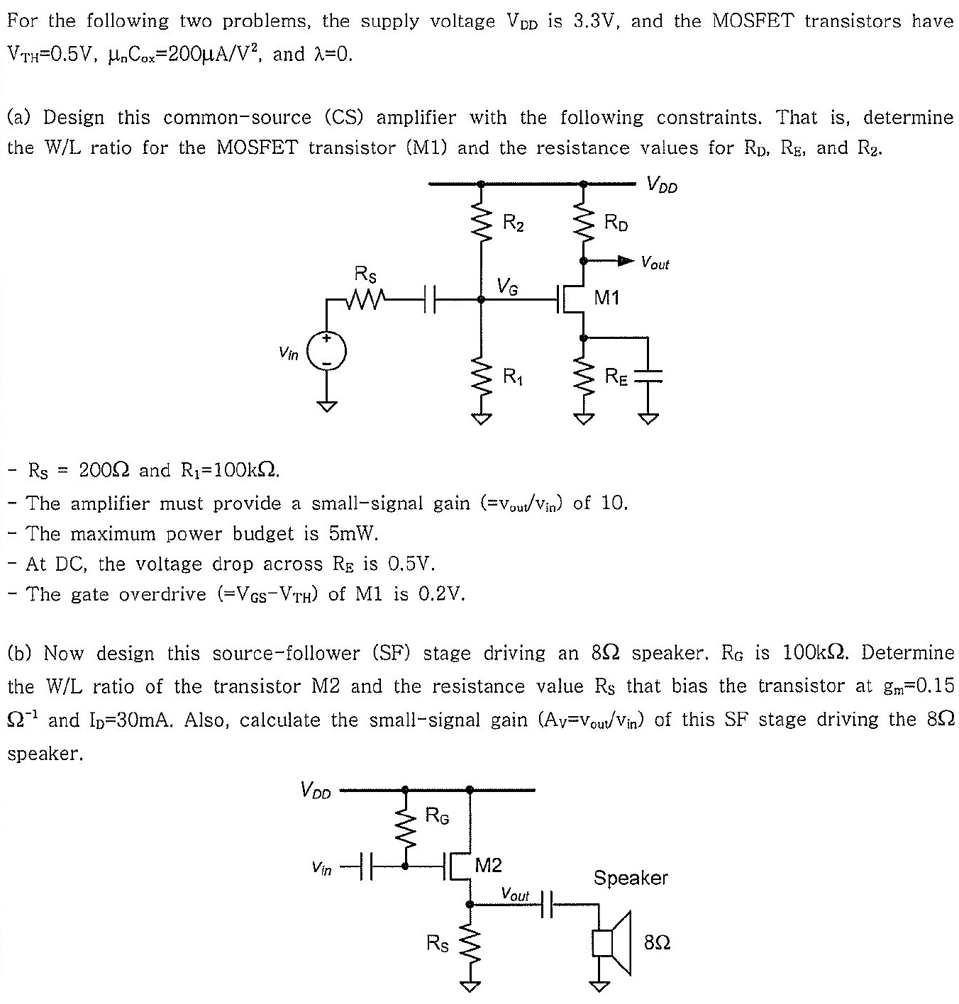 For the following two problems, the supply voltage VDD is 3.3 V, and the MOSFET transistors have VTH = 0.5 V, μnCox = 200 μA/V2, and λ = 0. (a) Design this common-source (CS) amplifier with the following constraints. That is, determine the W/L ratio for the MOSFET transistor (M1) and the resistance values for RD, RE, and R2. −RS = 200 Ω and R1 = 100 kΩThe amplifier must provide a small-signal gain ( = vout/vin) of 10. The maximum power budget is 5 mW. At DC, the voltage drop across RE is 0.5 V. The gate overdrive ( = VGS−VTH) of M1 is 0.2 V. (b) Now design this source-follower (SF) stage driving an 8 Ω speaker. RG is 100 kΩ. Determine the W/L ratio of the transistor M2 and the resistance value RS that bias the transistor at gm = 0.15 Ω−1 and ID = 30 mA. Also, calculate the small-signal gain (AVv = vout /vin ) of this SF stage driving the 8 Ω speaker. 