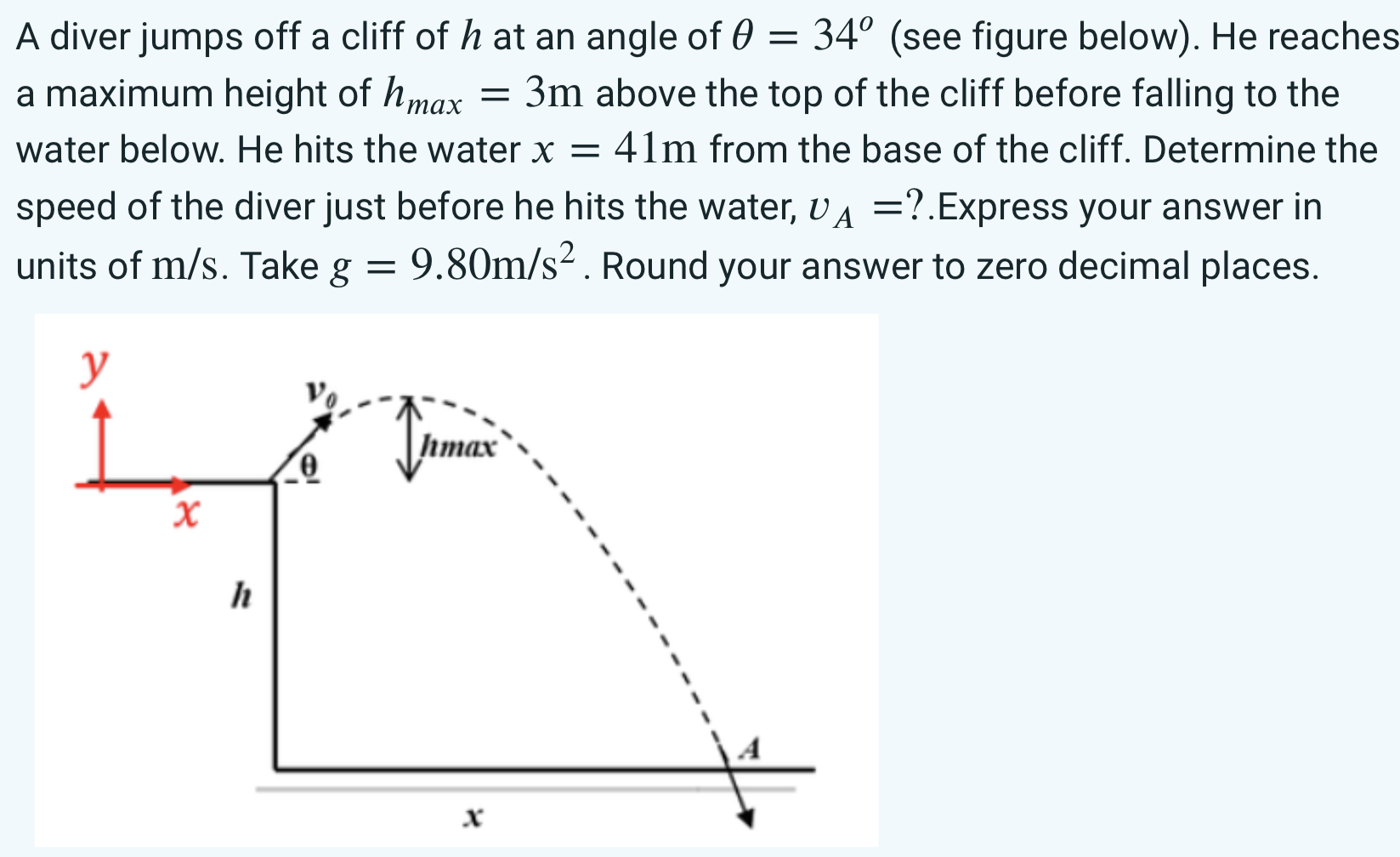 A diver jumps off a cliff of h at an angle of θ = 34∘ (see figure below). He reaches a maximum height of hmax = 3 m above the top of the cliff before falling to the water below. He hits the water x = 41 m from the base of the cliff. Determine the speed of the diver just before he hits the water, vA = ?. Express your answer in units of m/s. Take g = 9.80 m/s2. Round your answer to zero decimal places.