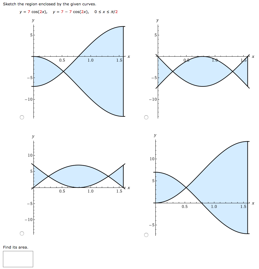 Sketch the region enclosed by the given curves. y = 7 cos⁡(2x), y = 7 − 7 cos⁡(2x), 0 ≤ x ≤ π/2 Find its area.