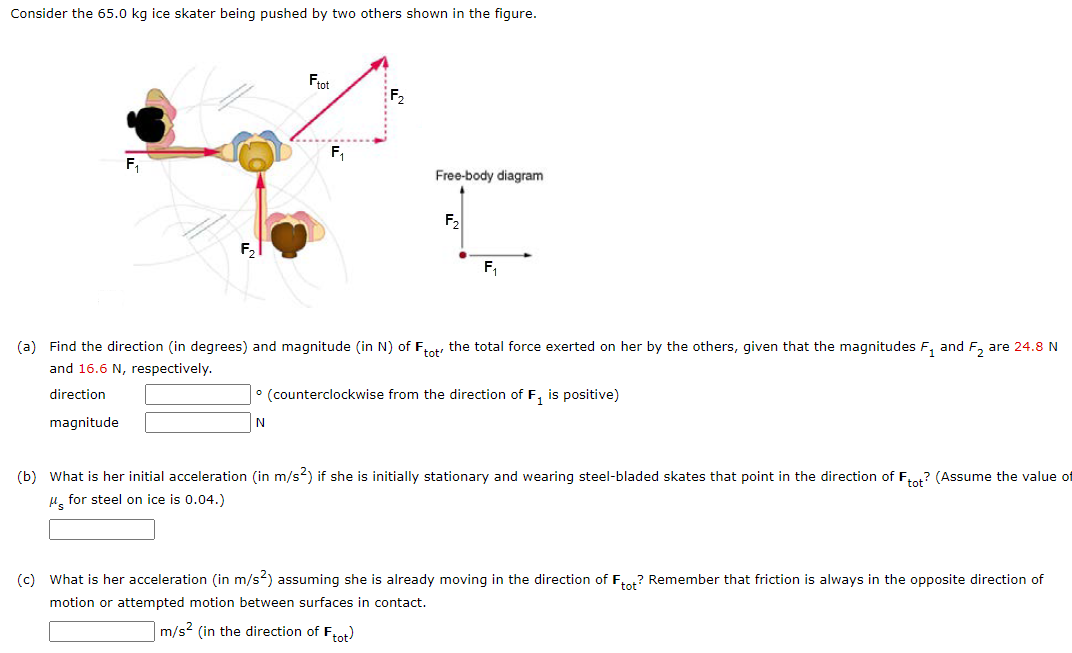 Consider the 65.0 kg ice skater being pushed by two others shown in the figure. (a) Find the direction (in degrees) and magnitude (in N) of Ftot the total force exerted on her by the others, given that the magnitudes F1 and F2 are 24.8 N and 16.6 N, respectively. direction ∘ (counterclockwise from the direction of F1 is positive) magnitude N (b) What is her initial acceleration (in m/s2) if she is initially stationary and wearing steel-bladed skates that point in the direction of Ftot? (Assume the value of μs for steel on ice is 0.04.) (c) What is her acceleration (in m/s2 ) assuming she is already moving in the direction of Ftot? Remember that friction is always in the opposite direction of motion or attempted motion between surfaces in contact. m/s2 (in the direction of Ftot)