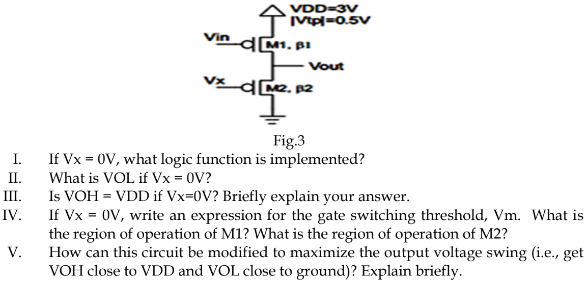 Fig. 3 I. If Vx = 0 V, what logic function is implemented? II. What is VOL if Vx = 0 V? III. Is VOH = VDD if Vx = 0 V? Briefly explain your answer. IV. If Vx = 0 V, write an expression for the gate switching threshold, Vm. What is the region of operation of M1? What is the region of operation of M2? V. How can this circuit be modified to maximize the output voltage swing (i.e., get VOH close to VDD and VOL close to ground)? Explain briefly.