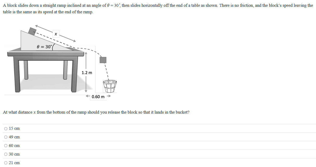 A block slides down a straight ramp inclined at an angle of θ = 30∘, then slides horizontally off the end of a table as shown. There is no friction, and the block's speed leaving the table is the same as its speed at the end of the ramp. At what distance x from the bottom of the ramp should you release the block so that it lands in the bucket? 15 cm 49 cm 60 cm 30 cm 21 cm