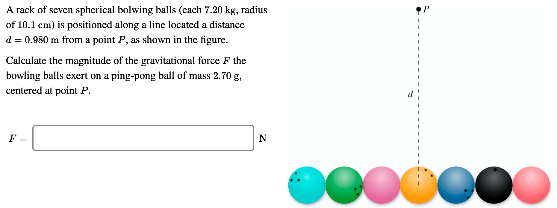 A rack of seven spherical bolwing balls (each 7.20 kg, radius of 10.1 cm) is positioned along a line located a distance d = 0.980 m from a point P, as shown in the figure. Calculate the magnitude of the gravitational force F the bowling balls exert on a ping-pong ball of mass 2.70 g, centered at point P. F = N