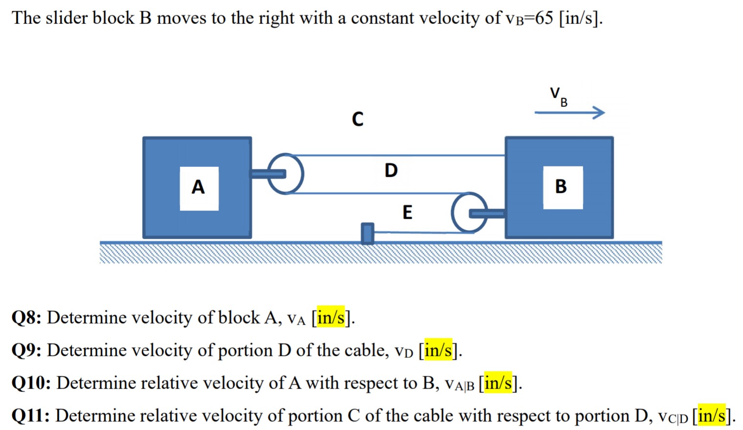 The slider block B moves to the right with a constant velocity of vB = 65 [in/s]. Q8: Determine velocity of block A, vA [in/s]. Q9: Determine velocity of portion D of the cable, vD [in/s]. Q10: Determine relative velocity of A with respect to B, vA∣B [in/s]. Q11: Determine relative velocity of portion C of the cable with respect to portion D, vC∣D [in/s].