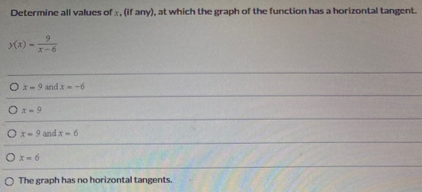 Determine all values of x, (if any), at which the graph of the function has a horizontal tangent. y(x) = 9 x−6 x = 9 and x = −6 x = 9 x = 9 and x = 6 x = 6 The graph has no horizontal tangents.