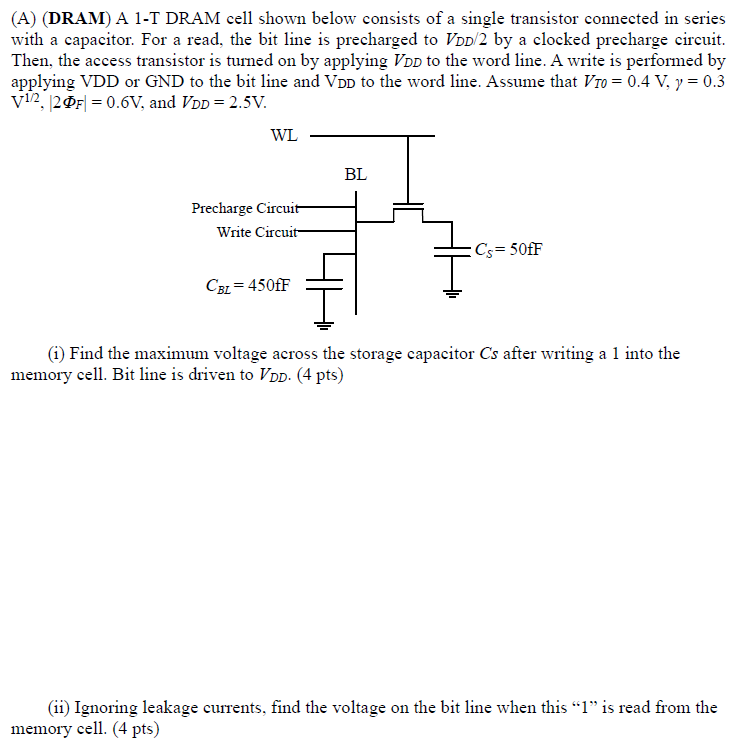 Consider the single transistor (1T) DRAM cell circuit shown in figure