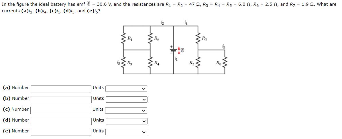 In the figure the ideal battery has emf ε = 30.6 V, and the resistances are R1 = R2 = 47 Ω, R3 = R4 = R5 = 6.0 Ω, R6 = 2.5 Ω, and R7 = 1.9 Ω. What are currents (a) i2, (b) i4, (c) i1, (d) i3, and (e) i5? (a) Number Units (b) Number Units (c) Number Units (d) Number Units (e) Number Units