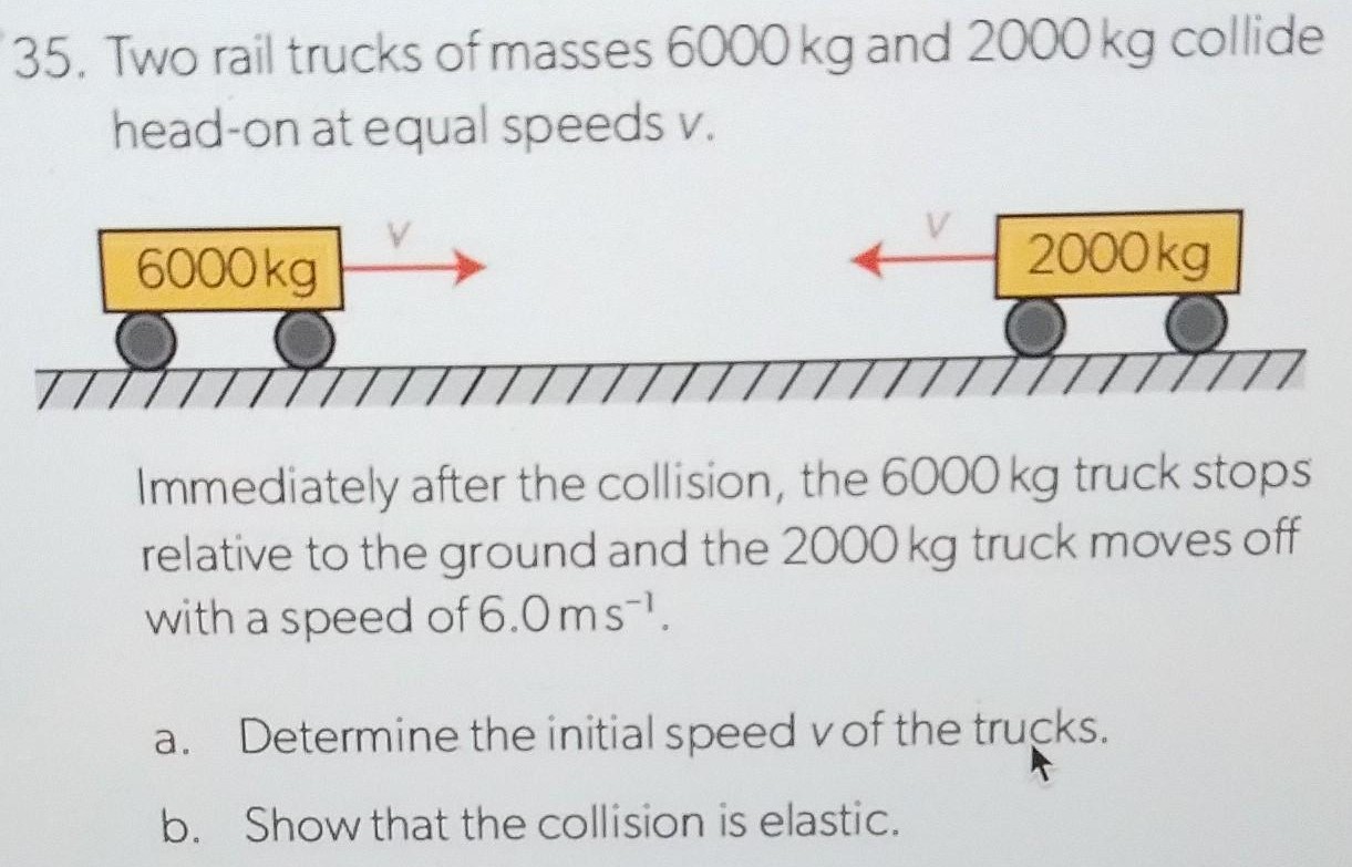 Two rail trucks of masses 6000 kg and 2000 kg collide head-on at equal speeds v. Immediately after the collision, the 6000 kg truck stops relative to the ground and the 2000 kg truck moves off with a speed of 6.0 ms−1. a. Determine the initial speed v of the trucks. b. Show that the collision is elastic.