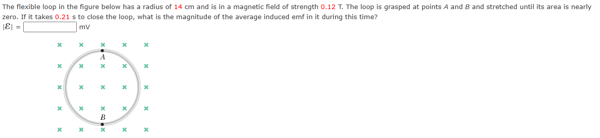 The flexible loop in the figure below has a radius of 14 cm and is in a magnetic field of strength 0.12 T. The loop is grasped at points A and B and stretched until its area is nearly zero. If it takes 0.21 s to close the loop, what is the magnitude of the average induced emf in it during this time? |ε| = mV