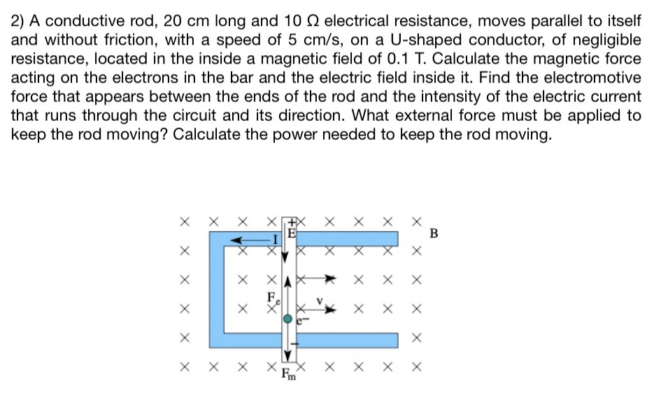 A conductive rod, 20 cm long and 10 Ω electrical resistance, moves parallel to itself and without friction, with a speed of 5 cm/s, on a U-shaped conductor, of negligible resistance, located in the inside a magnetic field of 0.1 T. Calculate the magnetic force acting on the electrons in the bar and the electric field inside it. Find the electromotive force that appears between the ends of the rod and the intensity of the electric current that runs through the circuit and its direction. What external force must be applied to keep the rod moving? Calculate the power needed to keep the rod moving.