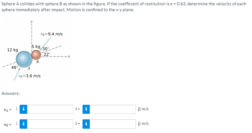 Sphere A collides with sphere B as shown in the figure. If the coefficient of restitution is e = 0.63, determine the velocity of each sphere immediately after impact. Motion is confined to the x-y plane. Answers: vA = ( i + j) m/s vB = ( i + j) m/s