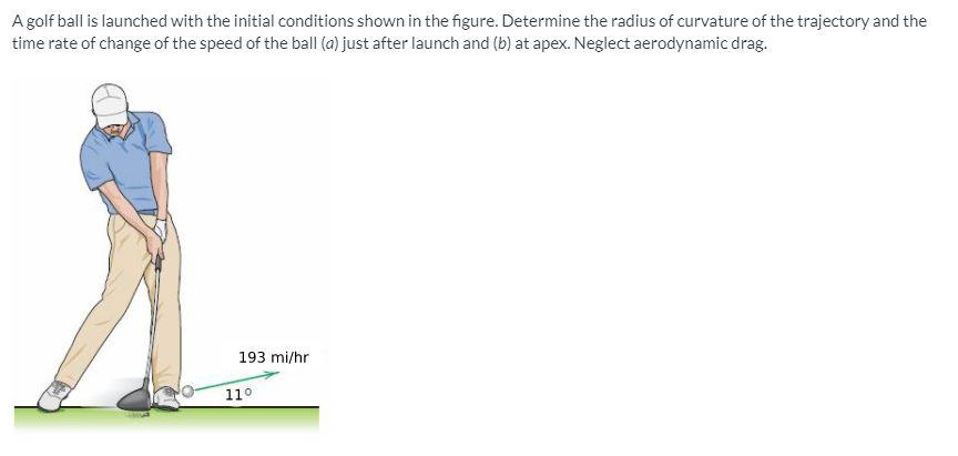 A golf ball is launched with the initial conditions shown in the figure. Determine the radius of curvature of the trajectory and the time rate of change of the speed of the ball (a) just after launch and (b) at apex. Neglect aerodynamic drag.