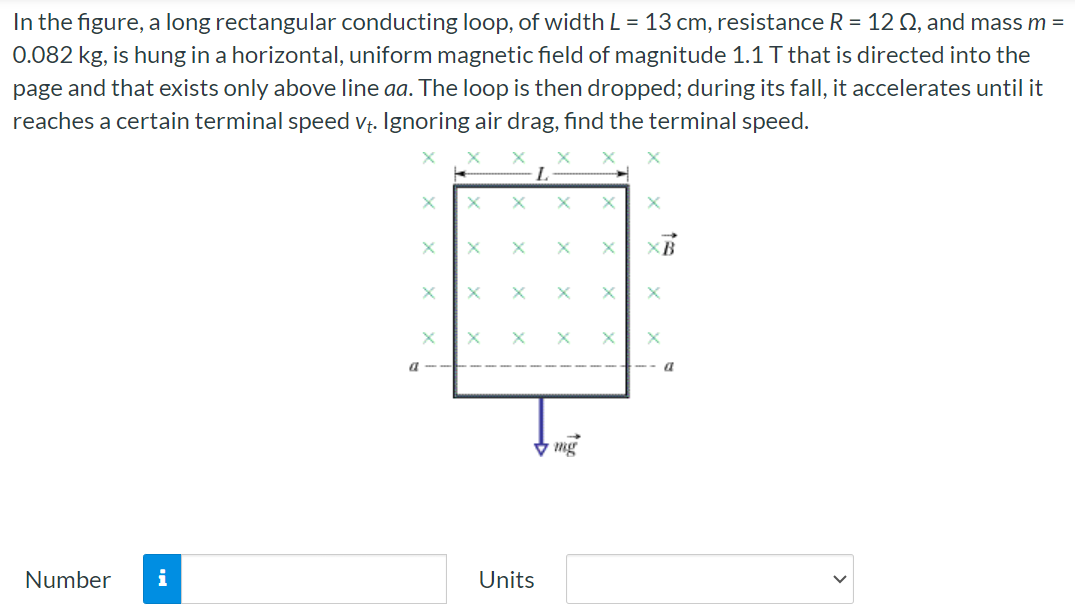 In the figure, a long rectangular conducting loop, of width L = 13 cm, resistance R = 12 Ω, and mass m = 0.082 kg , is hung in a horizontal, uniform magnetic field of magnitude 1.1 T that is directed into the page and that exists only above line aa. The loop is then dropped; during its fall, it accelerates until it reaches a certain terminal speed vt. Ignoring air drag, find the terminal speed. Number Units