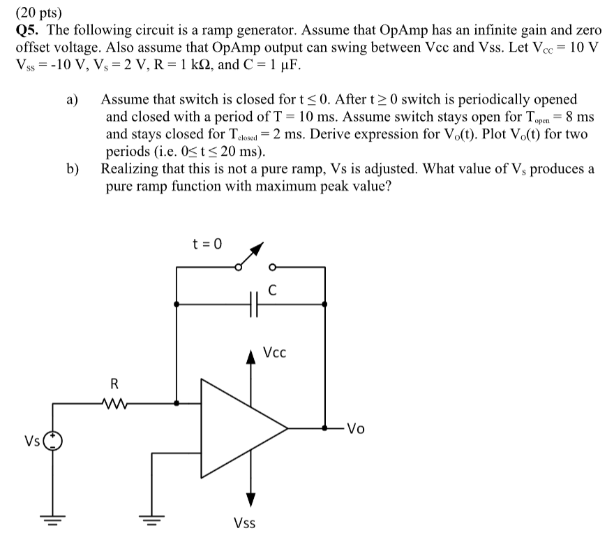 (20 pts) Q5. The following circuit is a ramp generator. Assume that OpAmp has an infinite gain and zero offset voltage. Also assume that OpAmp output can swing between Vcc and Vss. Let Vcc = 10 V VSS = −10 V, VS = 2 V, R = 1 kΩ, and C = 1 μF. a) Assume that switch is closed for t ≤ 0. After t ≥ 0 switch is periodically opened and closed with a period of T = 10 ms. Assume switch stays open for Topen = 8 ms and stays closed for Tclosed = 2 ms. Derive expression for Vo(t). Plot Vo(t) for two periods (i. e. 0 ≤ t ≤ 20 ms ). b) Realizing that this is not a pure ramp, Vs is adjusted. What value of Vs produces a pure ramp function with maximum peak value? 