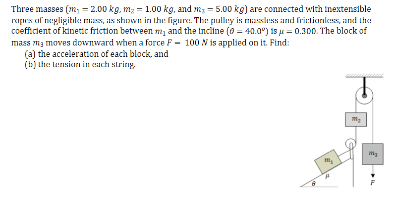 Three masses (m1 = 2.00 kg, m2 = 1.00 kg, and m3 = 5.00 kg) are connected with inextensible ropes of negligible mass, as shown in the figure. The pulley is massless and frictionless, and the coefficient of kinetic friction between m1 and the incline (θ = 40.0∘) is μ = 0.300. The block of mass m3 moves downward when a force F = 100 N is applied on it. Find: (a) the acceleration of each block, and (b) the tension in each string.