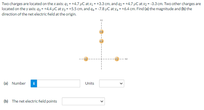 Two charges are located on the x axis: q1 = +4.7 μC at x1 = +3.3 cm, and q2 = +4.7 μC at x2 = −3.3 cm. Two other charges are located on the y axis: q3 = +4.4 μC at y3 = +5.5 cm, and q4 = −7.8 μC at y4 = +6.4 cm. Find (a) the magnitude and (b) the direction of the net electric field at the origin. (a) Number Units (b) The net electric field points