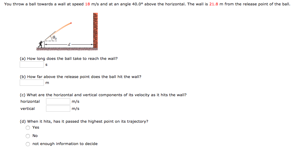 You throw a ball towards a wall at speed 18 m/s and at an angle 40.0∘ above the horizontal. The wall is 21.8 m from the release point of the ball. (a) How long does the ball take to reach the wall? s (b) How far above the release point does the ball hit the wall? m (c) What are the horizontal and vertical components of its velocity as it hits the wall? horizontal m/s vertical m/s (d) When it hits, has it passed the highest point on its trajectory? Yes No not enough information to decide