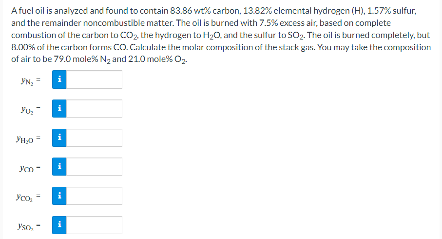 A fuel oil is analyzed and found to contain 83.86 wt% carbon, 13.82% elemental hydrogen (H), 1.57% sulfur, and the remainder noncombustible matter. The oil is burned with 7.5% excess air, based on complete combustion of the carbon to CO2, the hydrogen to H2O, and the sulfur to SO2. The oil is burned completely, but 8.00% of the carbon forms CO. Calculate the molar composition of the stack gas. You may take the composition of air to be 79.0 mole% N2 and 21.0 mole% O2. yN2 = yO2 = yH2O = yCO = yCO2 = ySO2 =