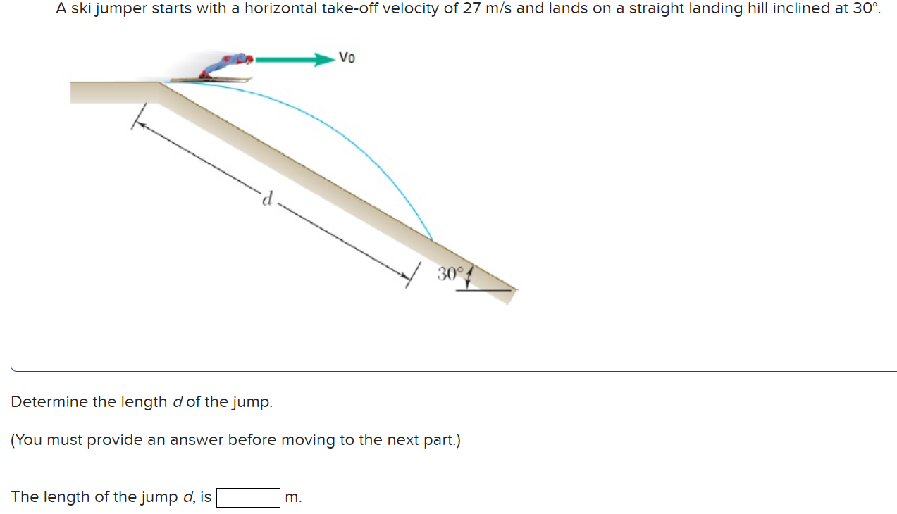 A ski jumper starts with a horizontal take-off velocity of 27 m/s and lands on a straight landing hill inclined at 30∘. Determine the length d of the jump. (You must provide an answer before moving to the next part.) The length of the jump d, is m.