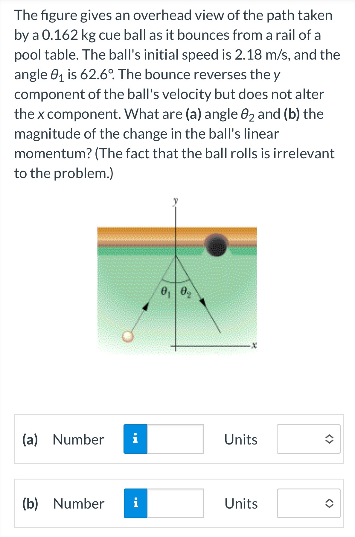 The figure gives an overhead view of the path taken by a 0.162 kg cue ball as it bounces from a rail of a pool table. The ball's initial speed is 2.18 m/s, and the angle θ1 is 62.6∘. The bounce reverses the y component of the ball's velocity but does not alter the x component. What are (a) angle θ2 and (b) the magnitude of the change in the ball's linear momentum? (The fact that the ball rolls is irrelevant to the problem.) (a) Number Units (b) Number Units