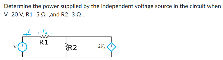 Determine the power supplied by the independent voltage source in the circuit when V = 20 V, R1 = 5 Ω, and R2 = 3 Ω.