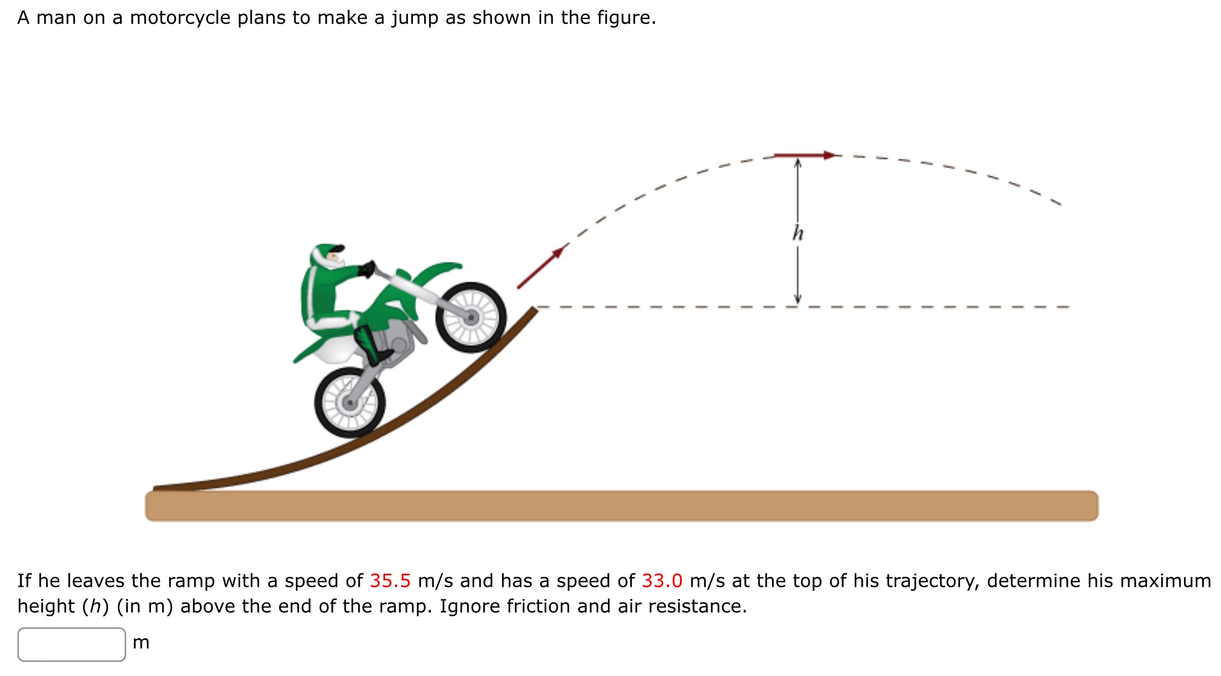 A man on a motorcycle plans to make a jump as shown in the figure. If he leaves the ramp with a speed of 35.5 m/s and has a speed of 33.0 m/s at the top of his trajectory, determine his maximum height (h) (in m) above the end of the ramp. Ignore friction and air resistance. m 