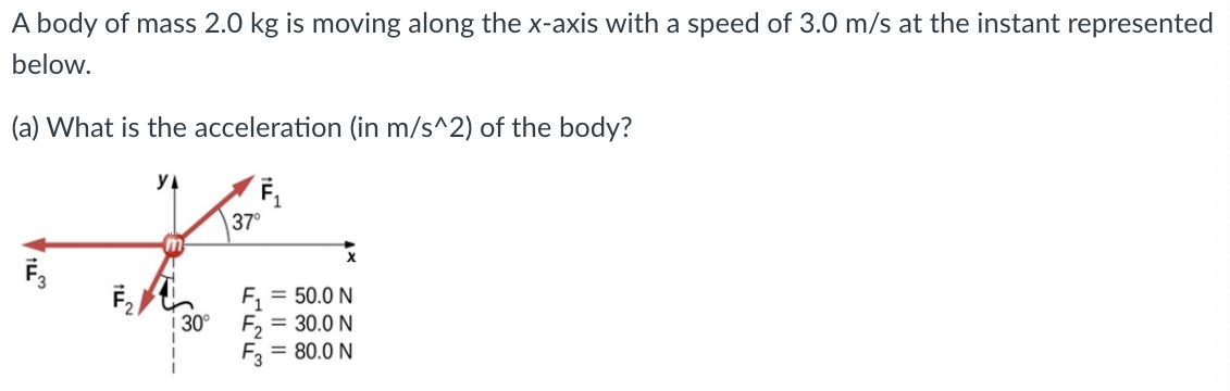 A body of mass 2.0 kg is moving along the x-axis with a speed of 3.0 m/s at the instant represented below. (a) What is the acceleration (in m/s^2) of the body?