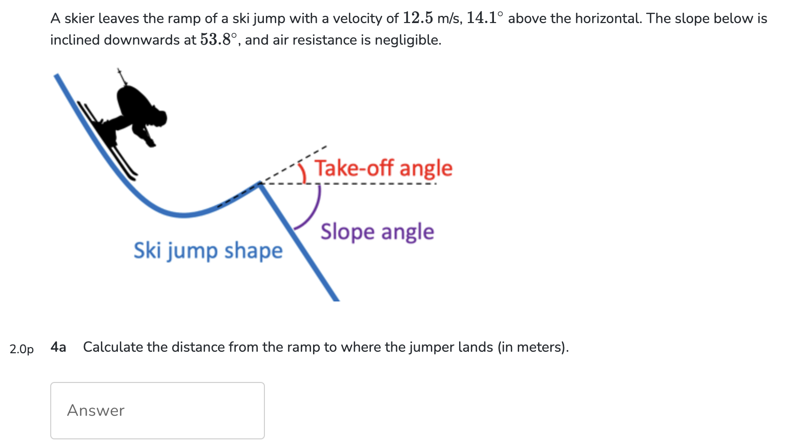 A skier leaves the ramp of a ski jump with a velocity of 12.5 m/s, 14.1∘ above the horizontal. The slope below is inclined downwards at 53.8∘, and air resistance is negligible. 2.0p 4a Calculate the distance from the ramp to where the jumper lands (in meters). Answer