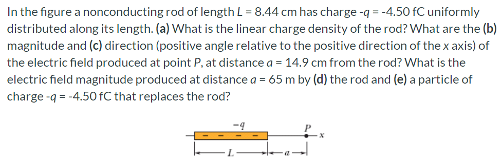 In the figure a nonconducting rod of length L = 8.44 cm has charge −q = −4.50 fC uniformly distributed along its length. (a) What is the linear charge density of the rod? What are the (b) magnitude and (c) direction (positive angle relative to the positive direction of the x axis) of the electric field produced at point P, at distance a = 14.9 cm from the rod? What is the electric field magnitude produced at distance a = 65 m by (d) the rod and (e) a particle of charge −q = −4.50 fC that replaces the rod?