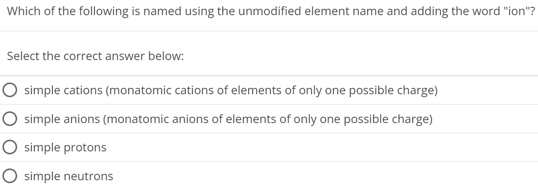 Which of the following is named using the unmodified element name and adding the word "ion"? Select the correct answer below: simple cations (monatomic cations of elements of only one possible charge) simple anions (monatomic anions of elements of only one possible charge) simple protons simple neutrons 