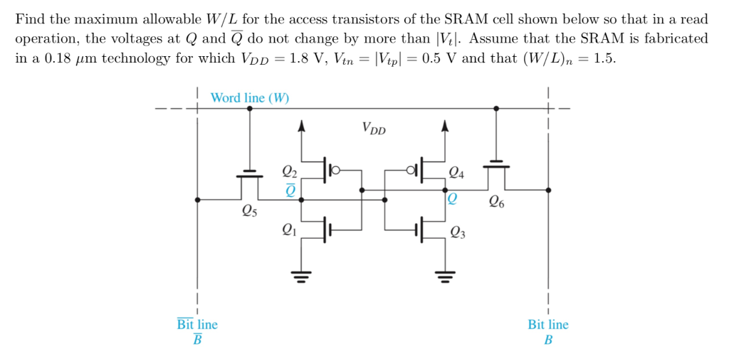 Find the maximum allowable W/L for the access transistors of the SRAM cell shown below so that in a read operation, the voltages at Q and Q¯ do not change by more than |Vt|. Assume that the SRAM is fabricated in a 0.18 μm technology for which VDD = 1.8 V, Vtn = |Vtp| = 0.5 V and that (W/L)n = 1.5.