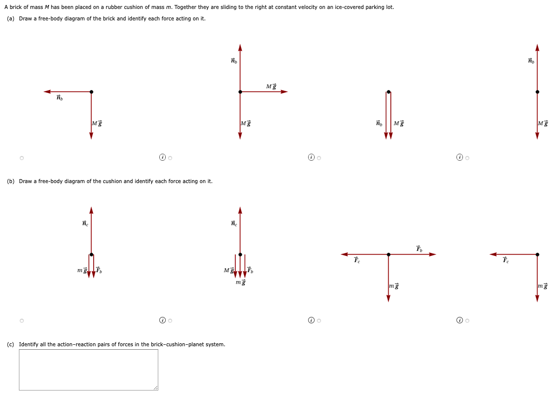 A brick of mass M has been placed on a rubber cushion of mass m. Together they are sliding to the right at constant velocity on an ice-covered parking lot. (a) Draw a free-body diagram of the brick and identify each force acting on it. (b) Draw a free-body diagram of the cushion and identify each force acting on it. (c) Identify all the action–reaction pairs of forces in the brick–cushion–planet system.
