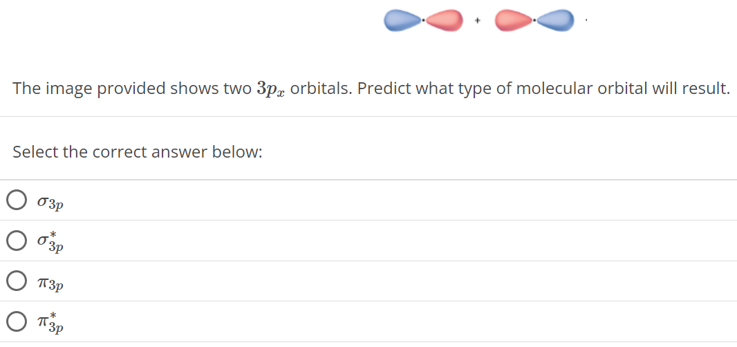 The image provided shows two 3px orbitals. Predict what type of molecular orbital will result. Select the correct answer below: σ3p σ3p∗ π3p π3p∗