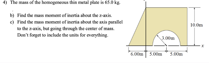 The mass of the homogeneous thin metal plate is 65.0 kg. b) Find the mass moment of inertia about the z-axis. c) Find the mass moment of inertia about the axis parallel to the z-axis, but going through the center of mass. Don't forget to include the units for everything.