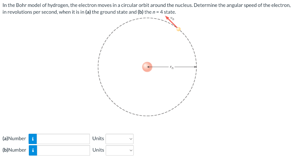 In the Bohr model of hydrogen, the electron moves in a circular orbit around the nucleus. Determine the angular speed of the electron, in revolutions per second, when it is in (a) the ground state and (b) the n = 4 state. (a) Number Units (b)Number Units