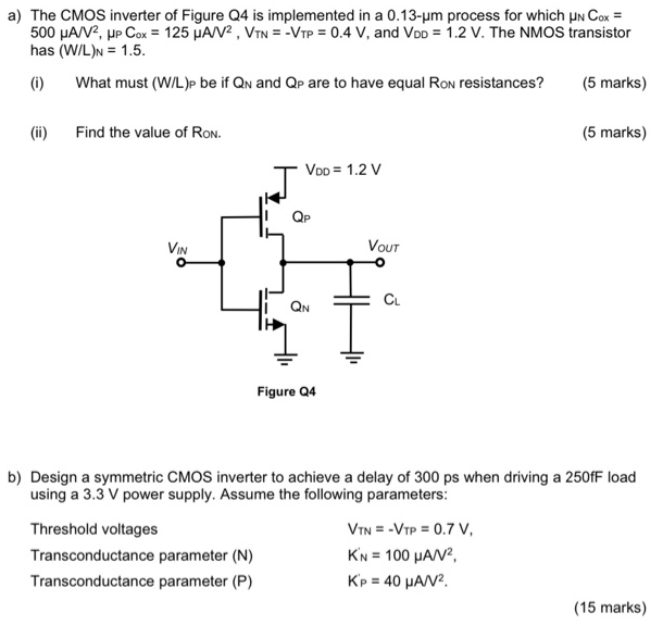 a) The CMOS inverter of Figure Q4 is implemented in a 0.13−μm process for which μNCox = 500 μA/V2, μPCox = 125 μA/V2, VTN = −VTP = 0.4 V, and VDD = 1.2 V. The NMOS transistor has (W/L)N = 1.5. (i) What must (W/L)p be if QN and Qp are to have equal Ron resistances? (5 marks) (ii) Find the value of RoN. ( 5 marks) Figure Q4 b) Design a symmetric CMOS inverter to achieve a delay of 300 ps when driving a 250 fF load using a 3.3 V power supply. Assume the following parameters: Threshold voltages VTN = −VTP = 0.7 V, KN = 100 μA/V2, KP = 40 μA/V2. Transconductance parameter (N) KN′ = 100 μA/V2, Transconductance parameter (P) KP = 40 μAV2. (15 marks) 
