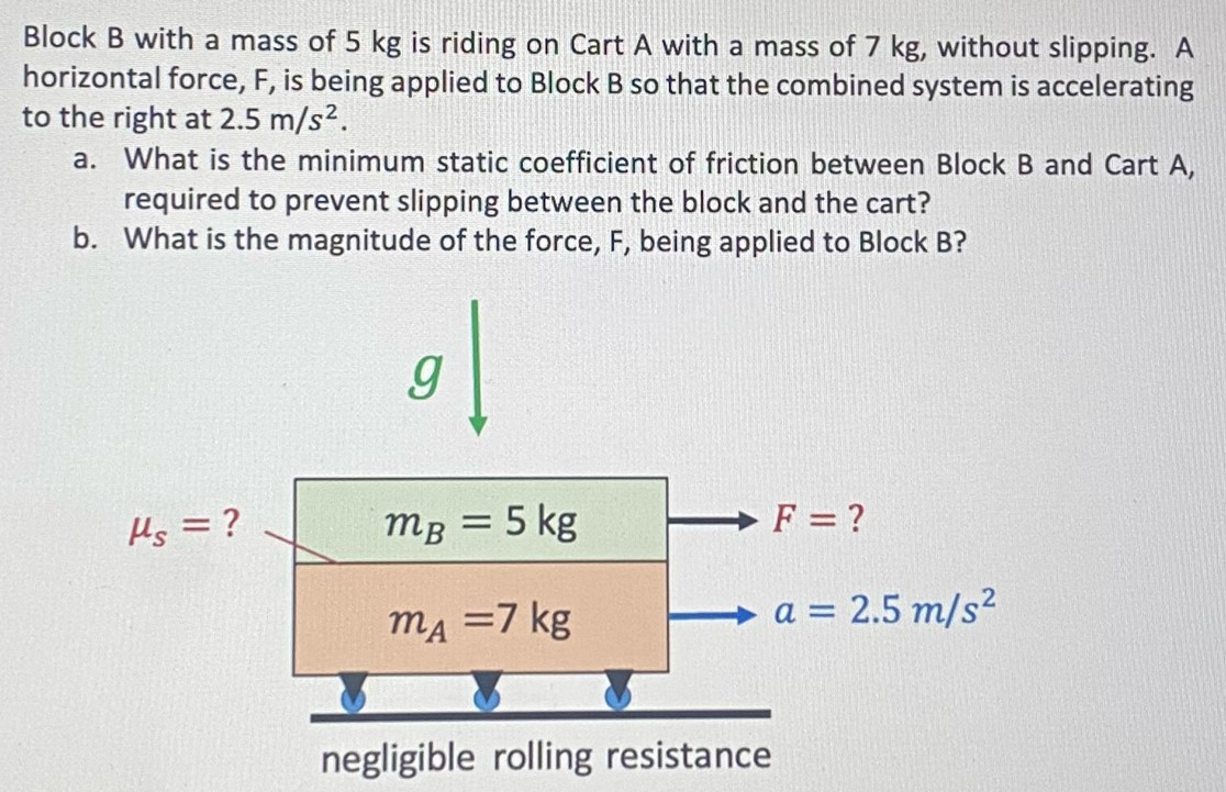 Block B with a mass of 5 kg is riding on Cart A with a mass of 7 kg, without slipping. A horizontal force, F, is being applied to Block B so that the combined system is accelerating to the right at 2.5 m/s2. a. What is the minimum static coefficient of friction between Block B and Cart A, required to prevent slipping between the block and the cart? b. What is the magnitude of the force, F, being applied to Block B?