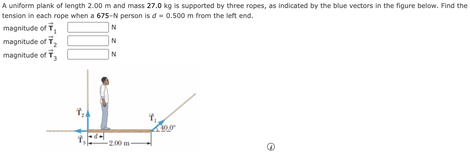 A uniform plank of length 2.00 m and mass 27.0 kg is supported by three ropes, as indicated by the blue vectors in the figure below. Find the tension in each rope when a 675−N person is d = 0.500 m from the left end. magnitude of T→1 N magnitude of T→2 N magnitude of T→3 N