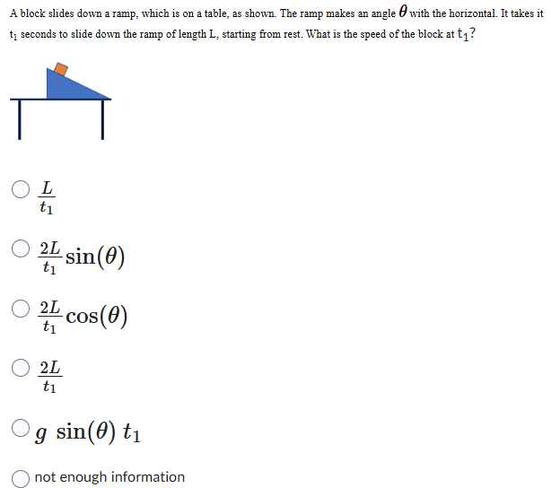 A block slides down a ramp, which is on a table, as shown. The ramp makes an angle θ with the horizontal. It takes it t1 seconds to slide down the ramp of length L, starting from rest. What is the speed of the block at t1? L t1 2 Lt1 sin⁡(θ) 2L t1 cos⁡(θ) 2L t1 gsin⁡(θ) t1 not enough information